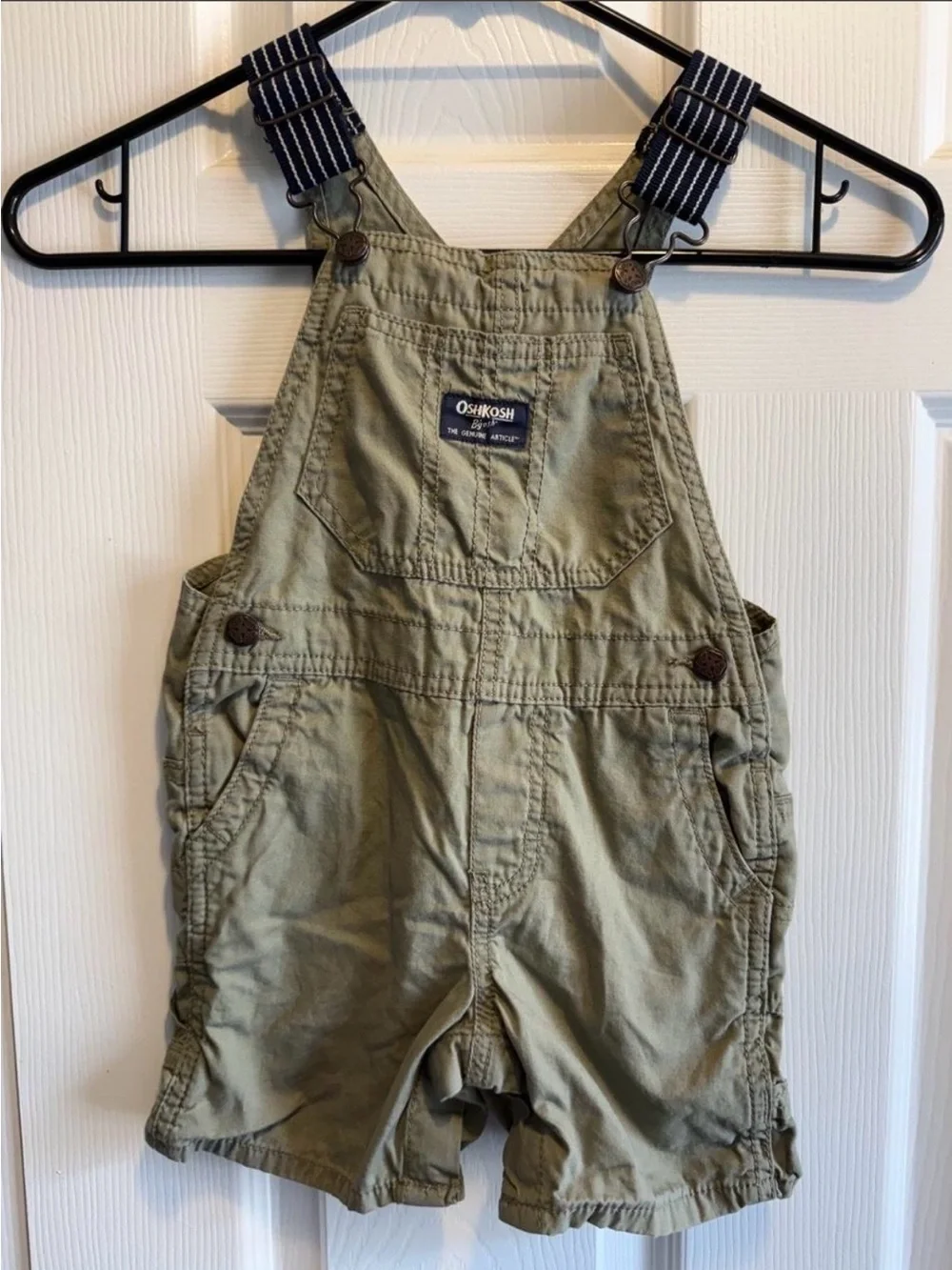 OshKosh B'gosh Olive Green Shortall Overalls with Navy Striped Straps